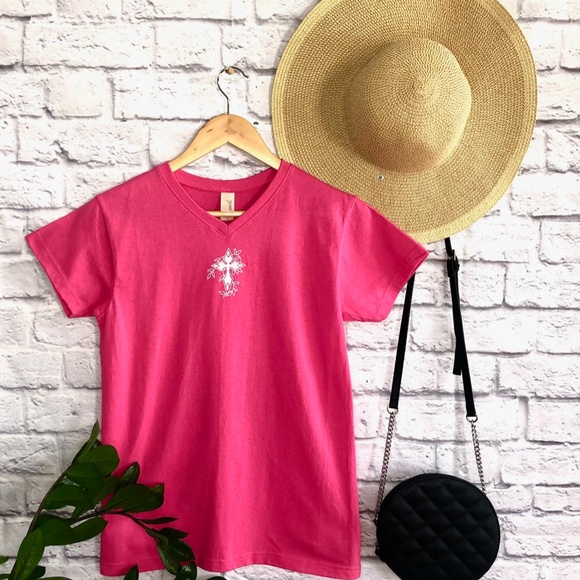Cross & Butterfly T-Shirt, Religious Shirt, Faith Clothing, Trendy Shirt - Pink - Picture 2 of 3
